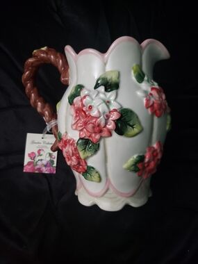 Vintage Floral Ceramic Pitcher with Pink Flower Appliqués